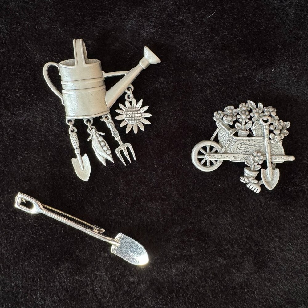 Garden Lovers Pins Watering Can Wheelbarrow Shovel Flowers Silver Tone Pewter